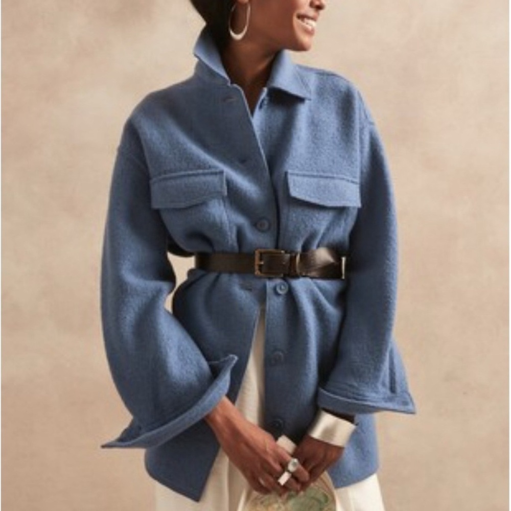 Banana Republic Oversized Italian Wool Button Down Shirt Jacket in Blue, Size XL